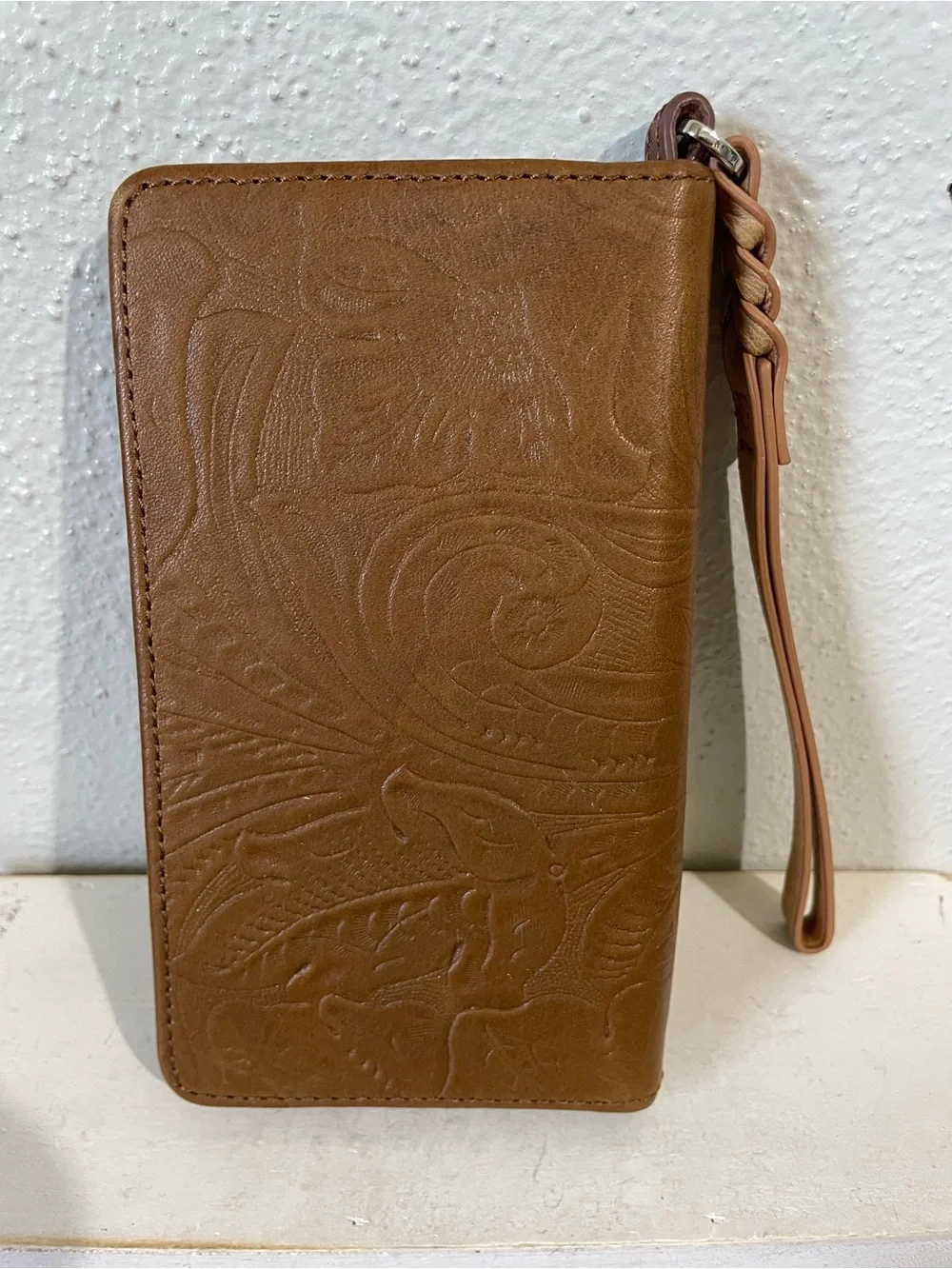 Margot Cognac Leather Cell Phone Wristlet Wallet Embossed Floral Snap Western
